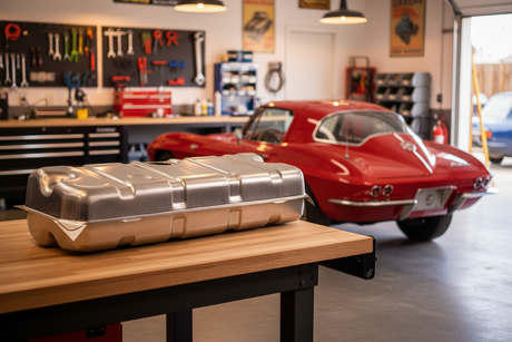 1963-1967 Corvette Gas Tank in garage with 1963 Corvette Coupe